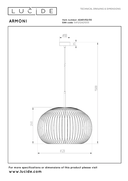 Lucide ARMONI - Suspension - Ø 52 cm - 1xE27 - Noir - technique